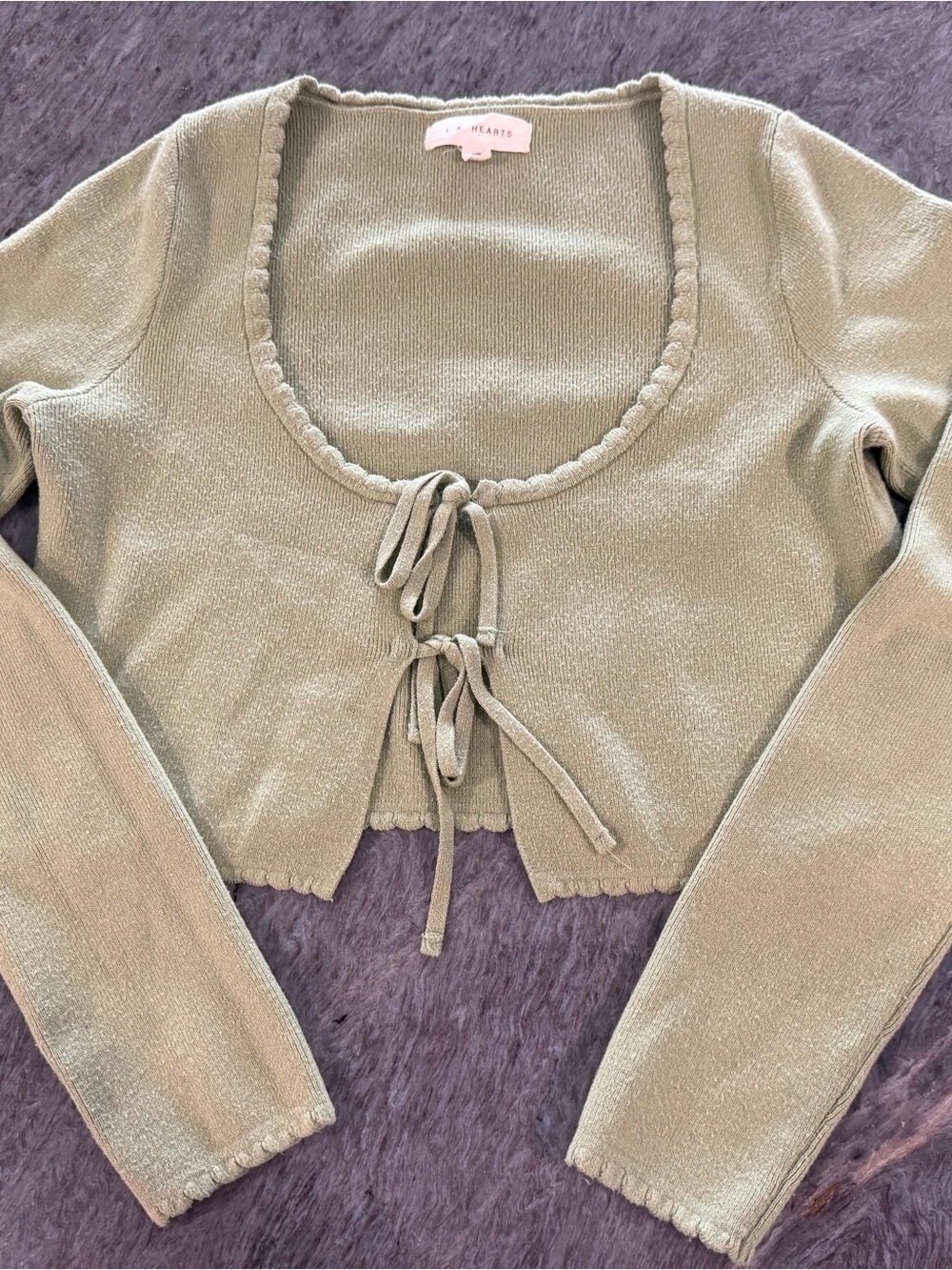 La Hearts Sage Green Tie-Front Cropped Cardigan